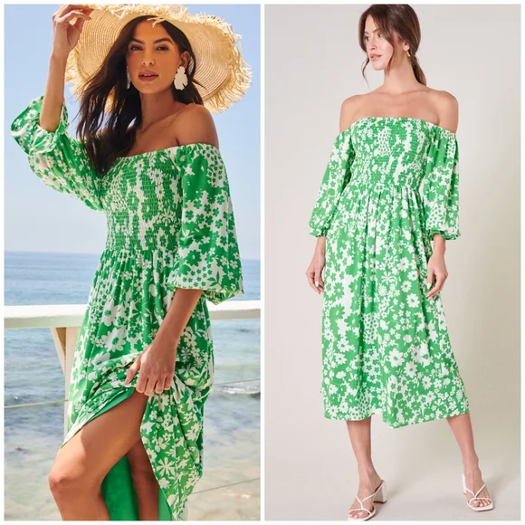 Kennedy Floral Denni Smocked Midi Dress GREEN-COMBO / Xs by Sugarlips